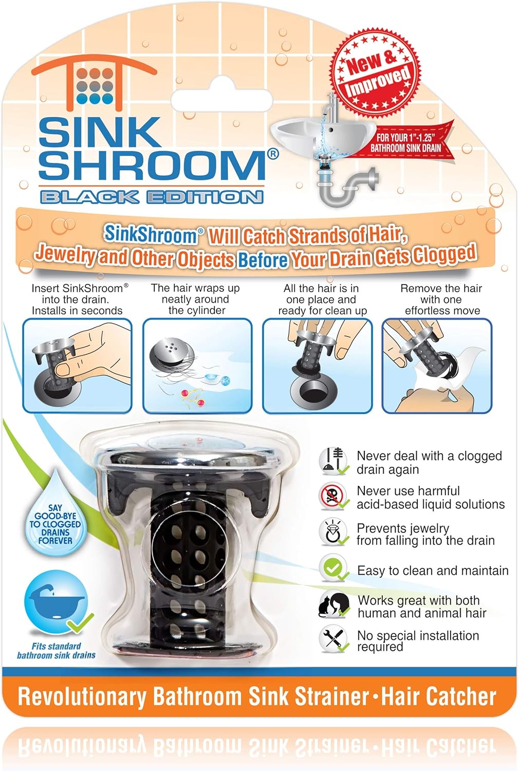 SinkShroom_Chrome_Edition_Revolutionary_Bathroom_Sink_Drain_Protector_Hair_Catcher,_Strainer,_Snare,_Black