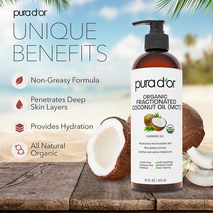PURA_D'OR_16_Oz_ORGANIC_Fractionated_Coconut_Oil_–_USDA_Certified_–_MCT_Oil_–_Therapeutic,_Hydrating,_Lightweight_Moisturizer_–_Hexane_Free_Carrier_Oil_For_Essential_Oils_&_Massage_–_Face,_Hair_&_Body
