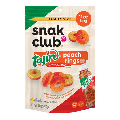 Snak Club Peach Rings, Tajin Chili &amp;amp; Lime Seasoned, Sweet and Spicy Gummy Candy, Mild in Heat Bold in Flavor, Low-Fat, Vegan, Gluten-Free Snack, Family Size, 11 Ounce