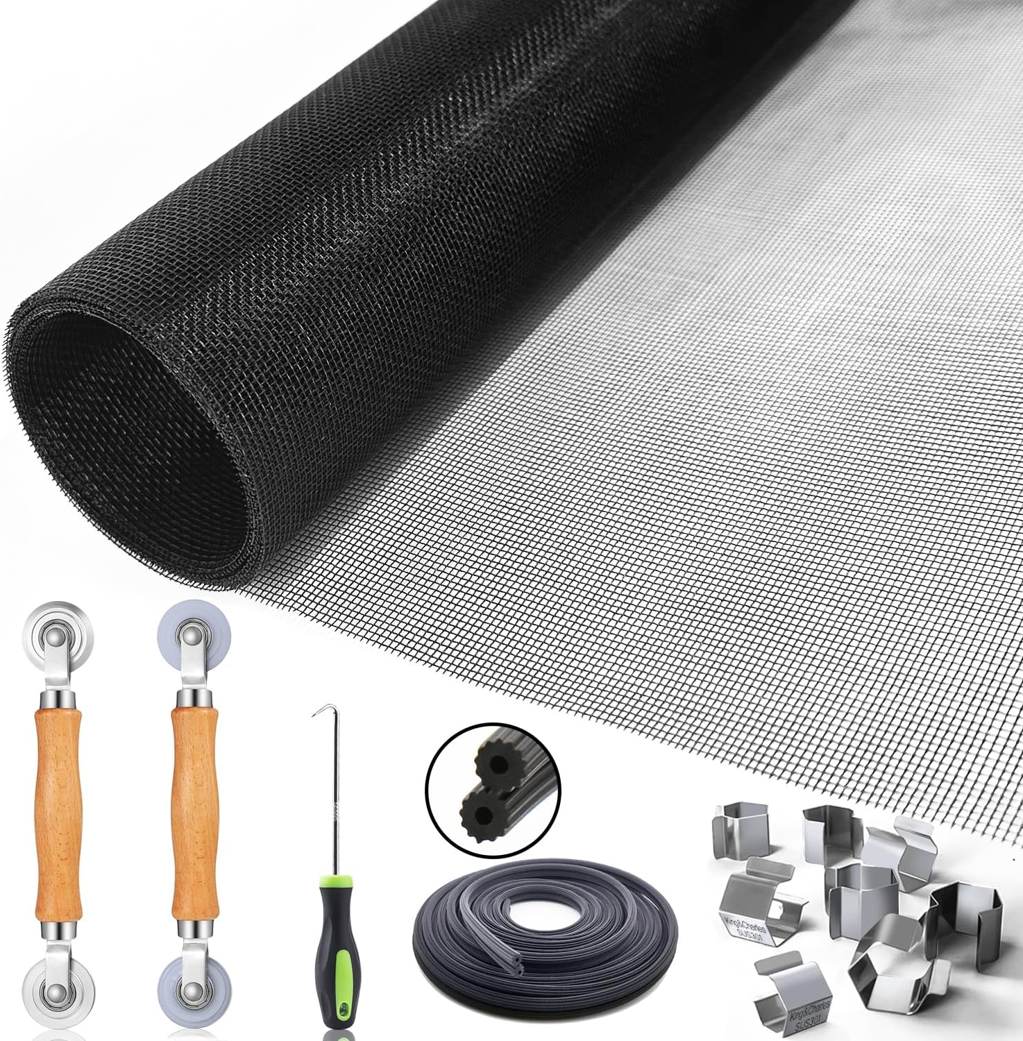 King&Charles_Window_Screen_Door_Repair/Replacement_Kit,_Include_Black_Screen_Mesh_48"x118"+_2_Roller+50Ft_Spline+8Clips+Hook,_6_in_1_Window_Mesh_Kit,_Steel/Nylon_Bearing_Roller