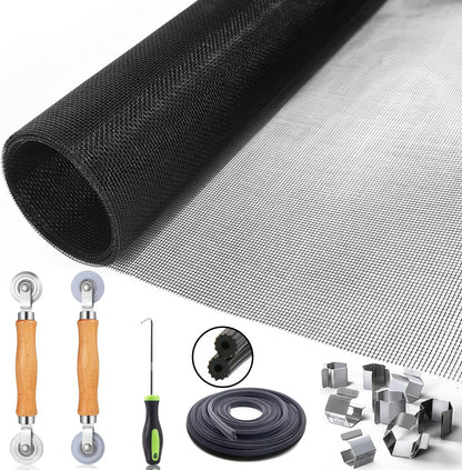 King&Charles_Window_Screen_Door_Repair/Replacement_Kit,_Include_Black_Screen_Mesh_48"x118"+_2_Roller+50Ft_Spline+8Clips+Hook,_6_in_1_Window_Mesh_Kit,_Steel/Nylon_Bearing_Roller
