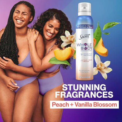 Secret_Whole_Body_Deodorant_for_Women,_Peach_&_Vanilla_Scent,_Aluminum_Free_Deodorant_Spray,_72_HR_Odor_Protection,_3.5_oz_Body_Care_Daily_Comfort_Cosmetic_Cleanser_Aroma