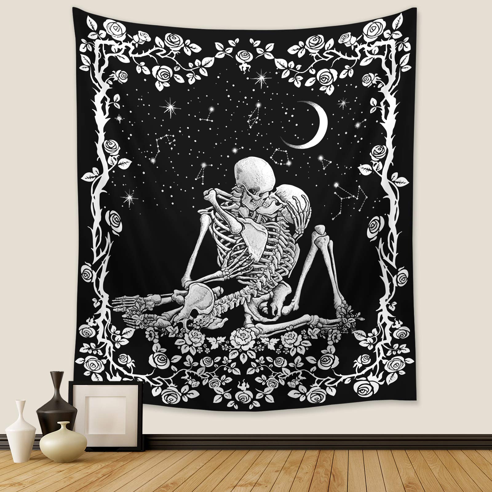 Wonrizon_The_Kissing_Lovers_Skull_Tapestry,Black_and_White_Romantic_Constellation_Skeleton_Tapestries_Wall_Hanging_decor_for_Living_Room_Bedroom_(30”x_40”)