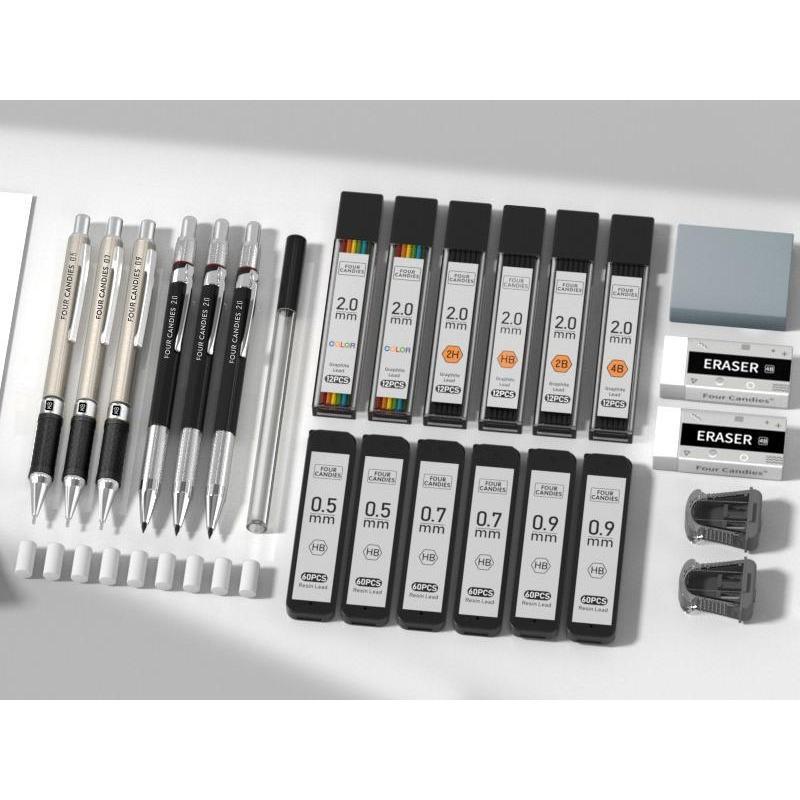 FourCandies_25PCS_Art_Mechanical_Pencil_Set_with_Case,_3PCS_Metal_Artist_Lead_Pencil_0.5,_0.7,_0.9_mm_&_3PCS_2mm_Lead_Holder(HB_2H_2B_4B_Color)_with_432PCS_Graphite_Lead_Refills_for_Drawing_Sketching