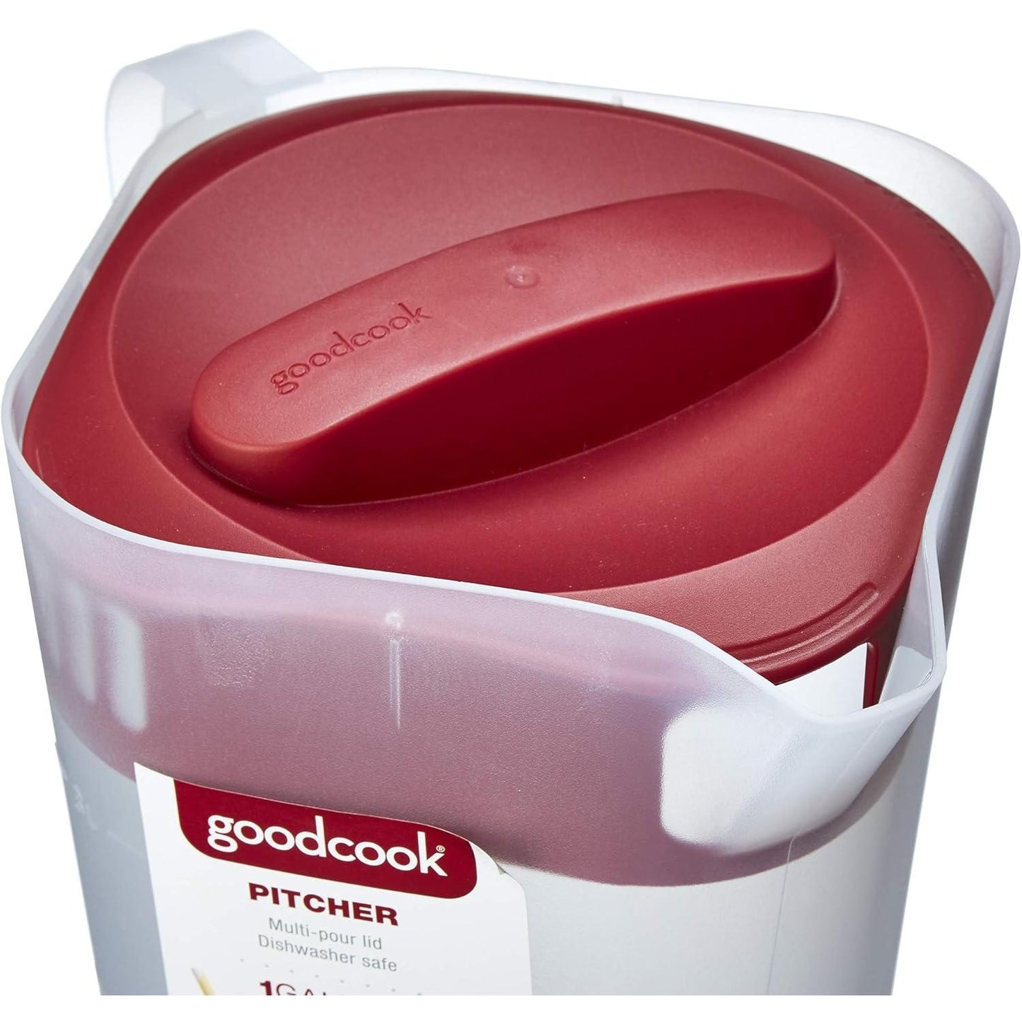 Goodcook_10658_1_Gallon_Plastic_Straining_Pitcher_with_Square_Lid,_3_Strainers,_Close_No-Spill_Design,_Dishwasher_Safe,_Clear_&_Red_-_Drinkware,_Jugs