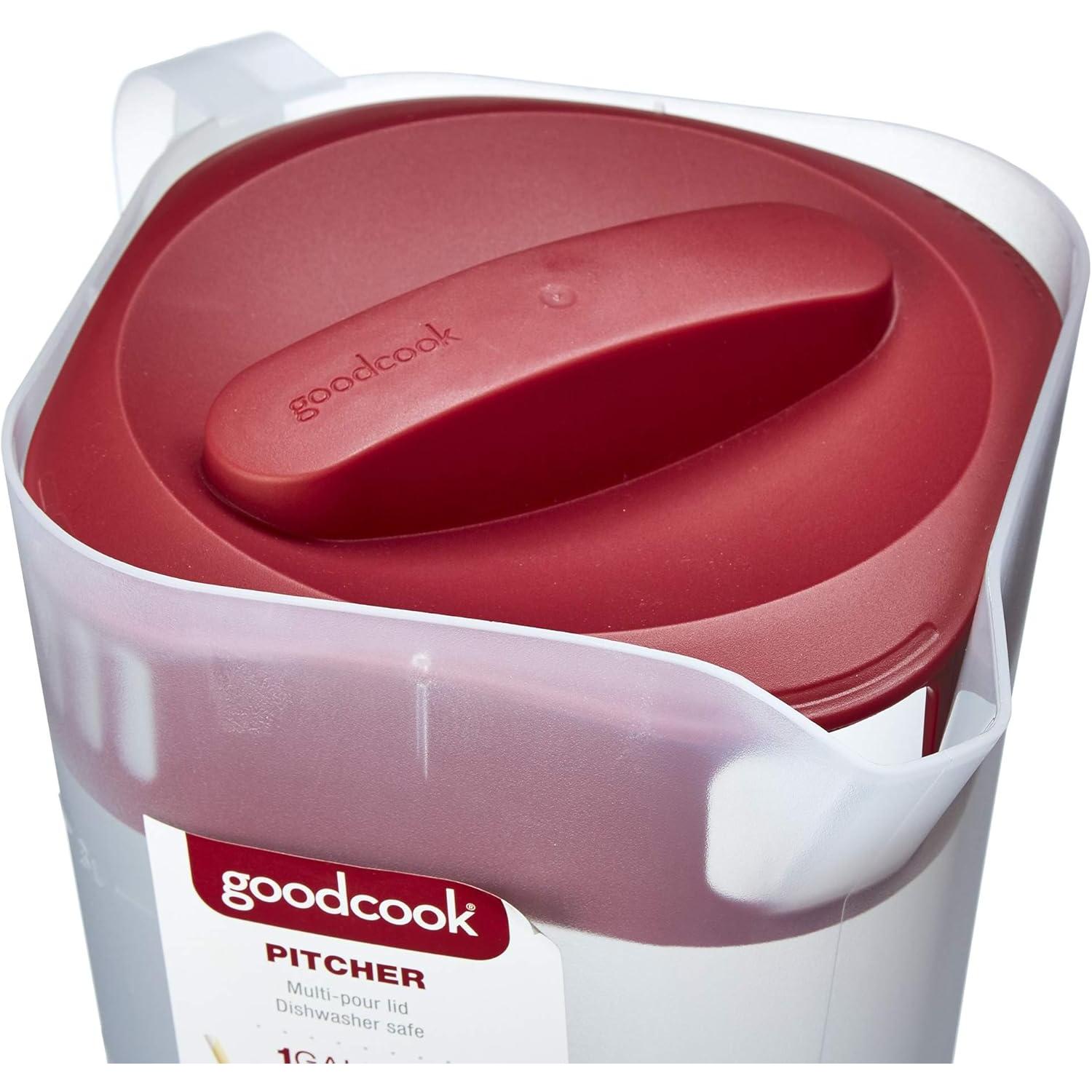 Goodcook_10658_1_Gallon_Plastic_Straining_Pitcher_with_Square_Lid,_3_Strainers,_Close_No-Spill_Design,_Dishwasher_Safe,_Clear_&_Red_-_Drinkware,_Jugs