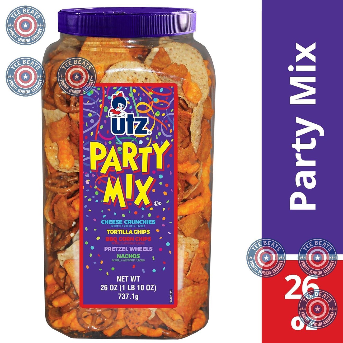 Utz_Party_Mix_-_26_Ounce_Barrel_Tasty_Snack_Includes_Corn/Nacho_Tortillas,_Pretzels,_BBQ_Corn_Chips_and_Cheese_Curls,_Easy_Quick_Snacks,_Cholesterol_Free_Trans-Fat