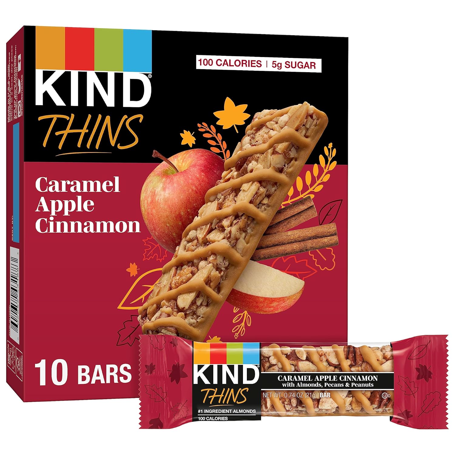 KIND_THINS_Caramel_Apple_Cinnamon_with_Almonds,_Pecans,_&_Peanuts,_Gluten_Free,_100_Calorie,_Healthy_Snacks,_10_Bars_(Pack_of_1)