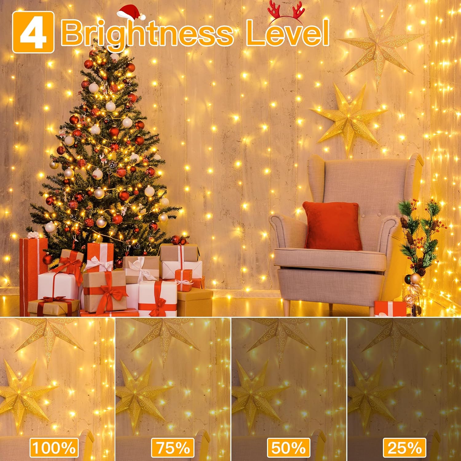 Ollny_Curtain_Lights_6.6x6.6ft,_200_LED_String_Lights_with_Remote_8_Modes_Dimmable_Timer,_USB_Power_Fairy_Light_for_Bedroom_Backdrop_Indoor_Wall_Window_Christmas_Decorations,_Warm_White