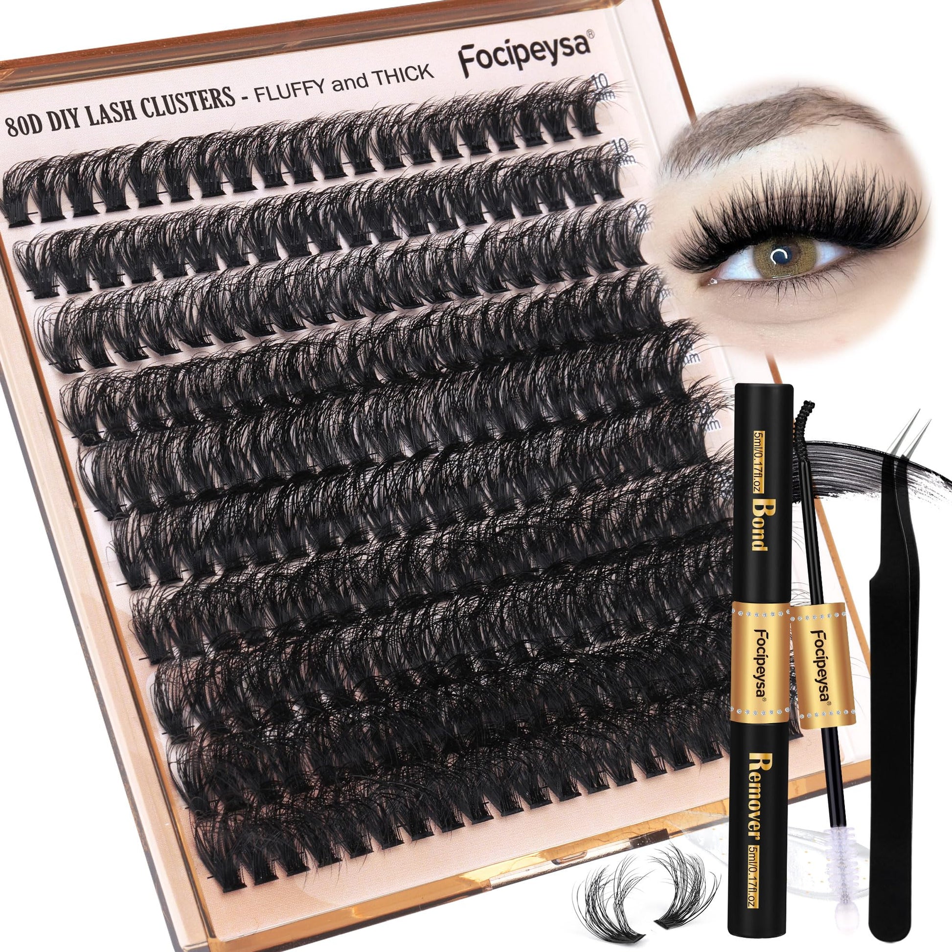 Focipeysa Eyelash Extension Kit, 200pcs 80D Mink Fur False Eyelashes, 10-18mm DIY Lash Clusters, Matte Black, Vegan, Cruelty Free, Includes Lash Bond &amp;amp; Remover, Tweezers