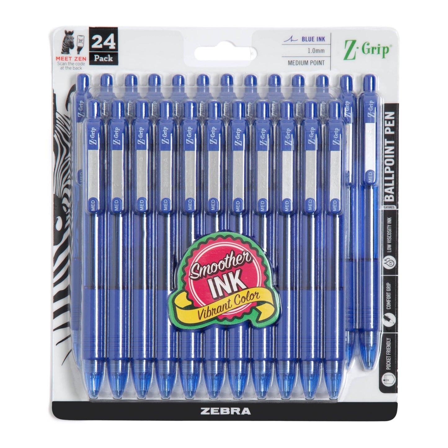 Zebra Pen Z-Grip Retractable Ballpoint Pen, Smooth-Flowing Blue Ink, 1.0mm Medium Point, School &amp;amp; Office Supplies, Ideal for Note-Taking, Journal and Planner Use, 24-Pack (12225)