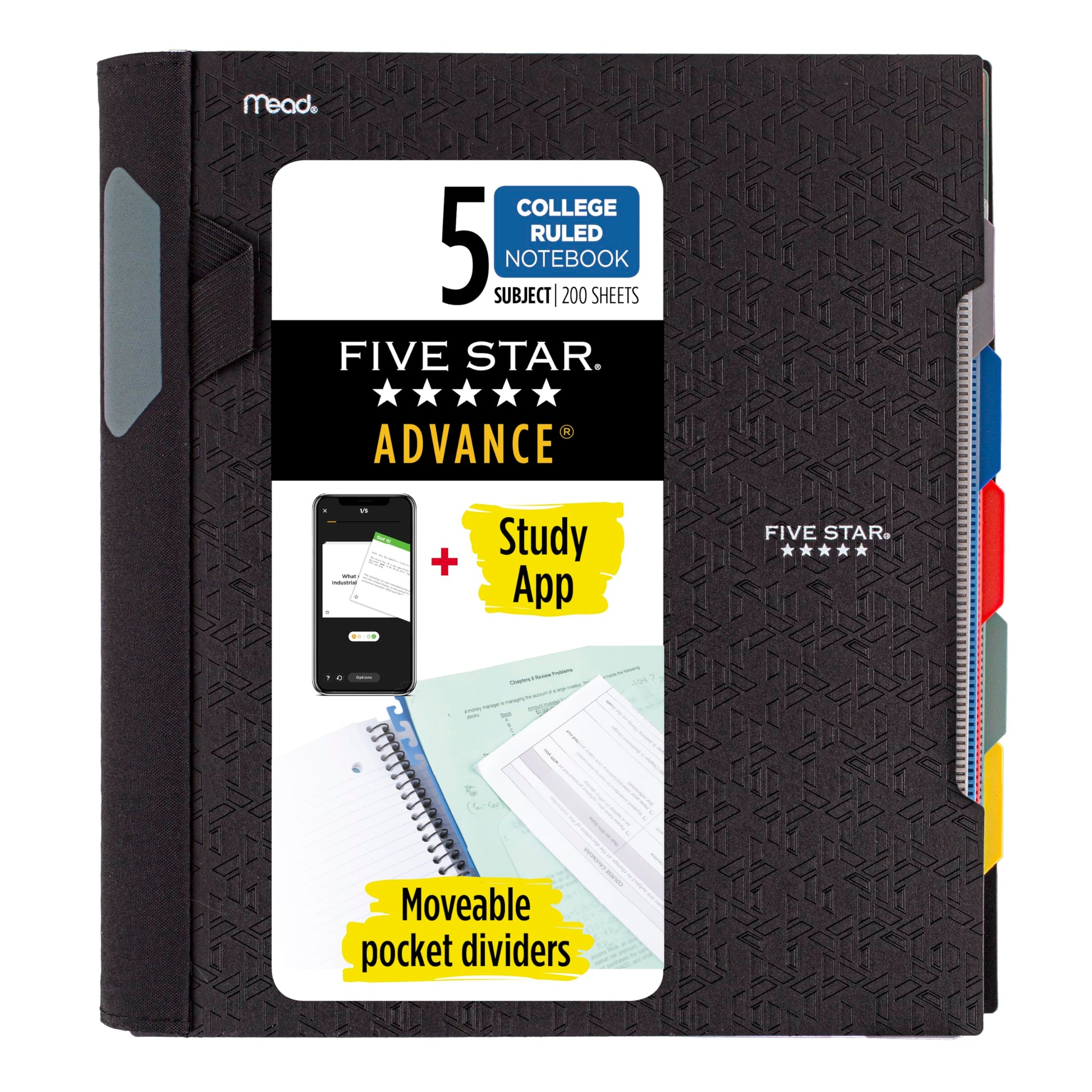 Five Star Advance Spiral Notebook + Study App, 5 Subject, College Ruled Paper, 8-1/2&amp;#34; x 11&amp;#34;, 200 Sheets, Spiral Guard, Movable Tabbed Dividers, Black (73144)