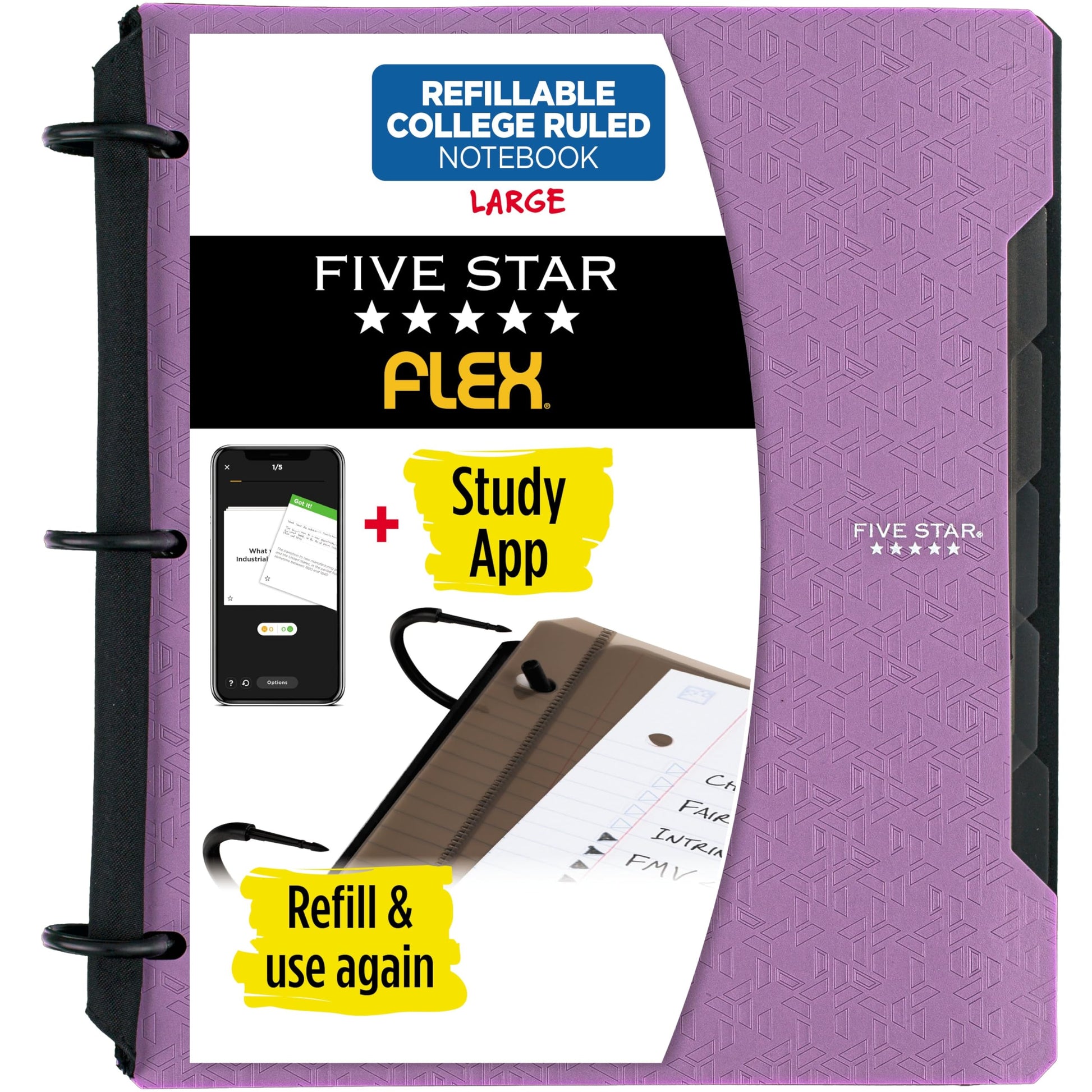 Five Star Flex Refillable Notebook + Study App, College Ruled Paper and 1 Inch TechLock Ring Binder with Pockets, Tabs and Dividers, 200 Sheet Capacity, Amethyst Purple (29328AB6)
