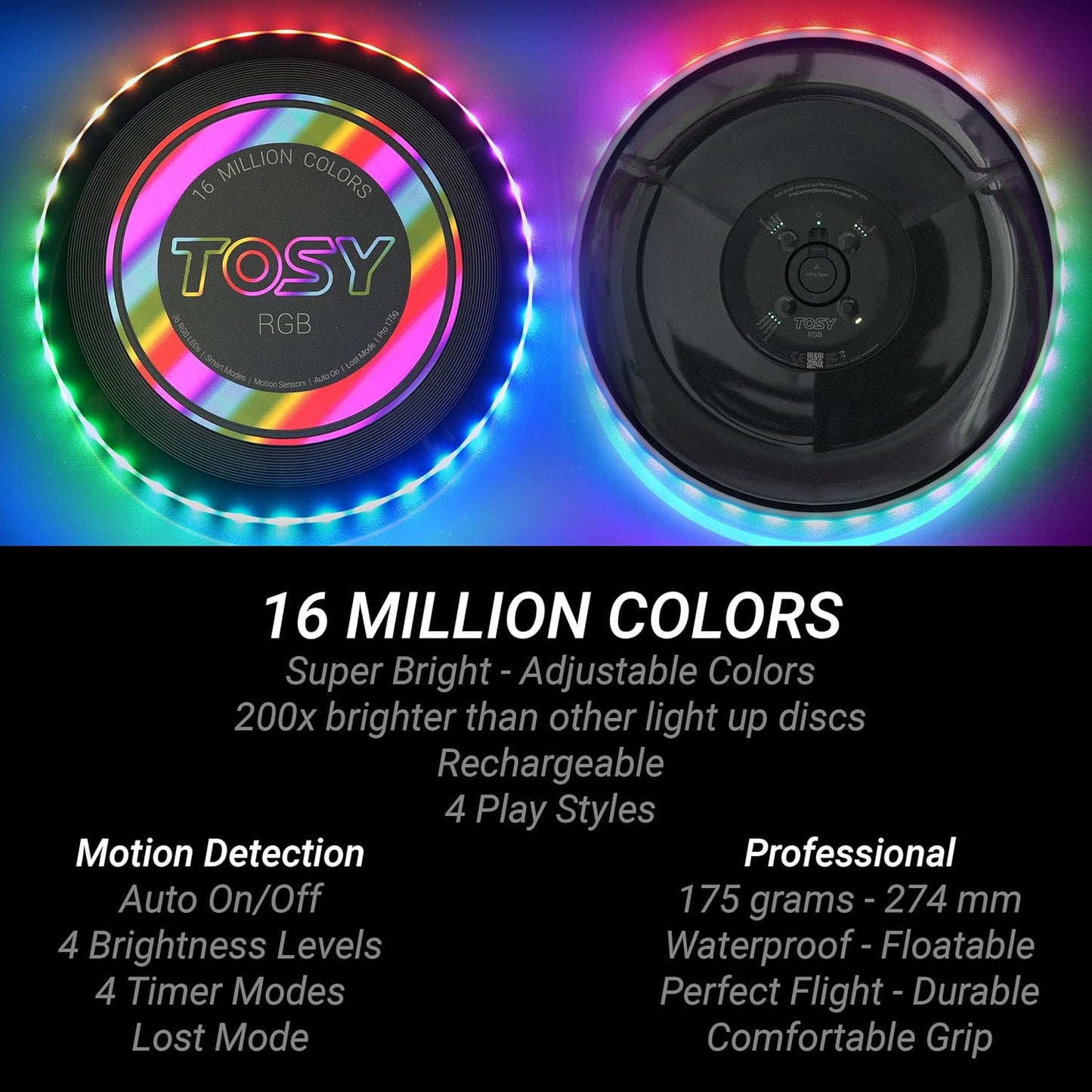 TOSY_Flying_Disc_-_108_RGB_Multicolor_or_36_Monocolor_LEDs,_Super_Bright,_Smart_Modes,_Easter_Basket_Stuffers_Gift,_Camping_Toy_for_Kid/Teen/Adult,_Auto_Light_Up,_Rechargeable,_Waterproof,_175g
