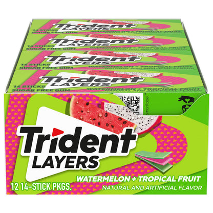 Trident Layers Watermelon &amp;amp; Tropical Fruit Sugar-Free Chewing Gum, 12 Packs of 14 Pieces (168 Total Pieces)