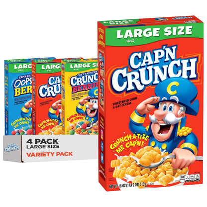 Cap&amp;#39;n Crunch Cereal, 3 Flavor Variety Pack, Large Size Boxes, (4 Pack)