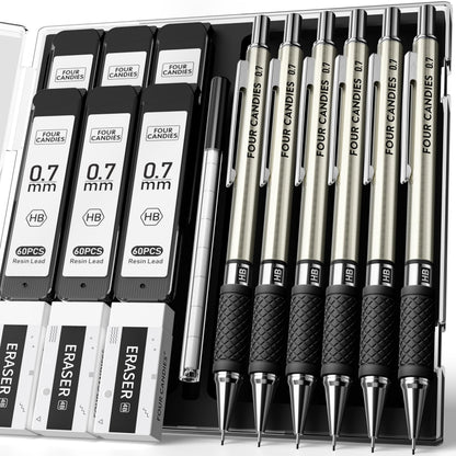 6PCS Metal Mechanical Pencil Set with 0.7mm Medium Point, 360 Leads, 12 Erasers, Art Mechanical Pencils Pack with Storage Case for School Writing, Sketching, Drawing &amp;amp; Professional Drafting