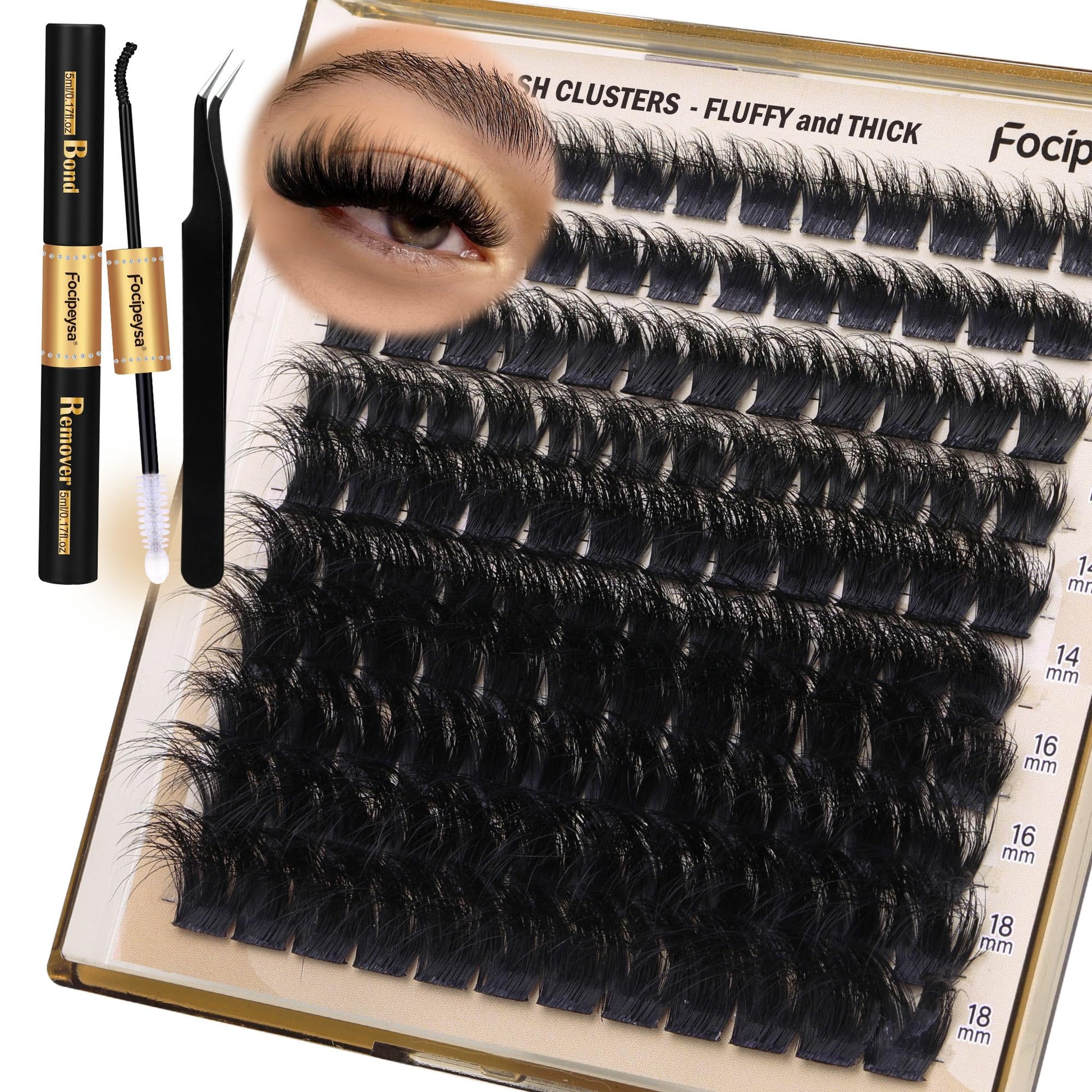 Eyelash Extension Kit Thick Lash Clusters Kit 10-18mm Volume Clusters Lashes 180D Individual Eyelashes Kit with Lash Bond, Lash Remover, Lash Applicator DIY Lash Extension by Focipeysa