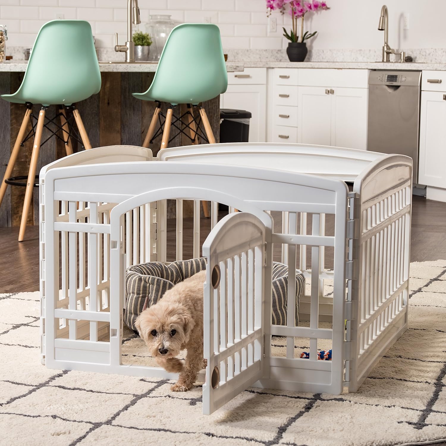 IRIS_USA_24"_Dog_Playpen_with_Door,_4-Panel_Pet_Enclosure_for_Small_Dogs,_White