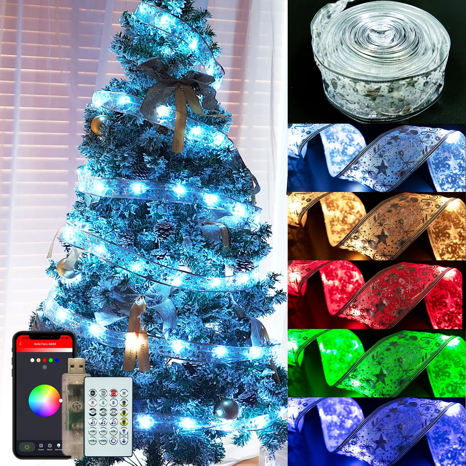 Smart_Christmas_Tree_Ribbon_String_Lights,_33ft_80_Modes_Colors_Changing_Ribbon_Light_for_Christmas_Tree,_APP_&_Remote_Control,_Sync_Musical,_Timer,_USB_(Silver)