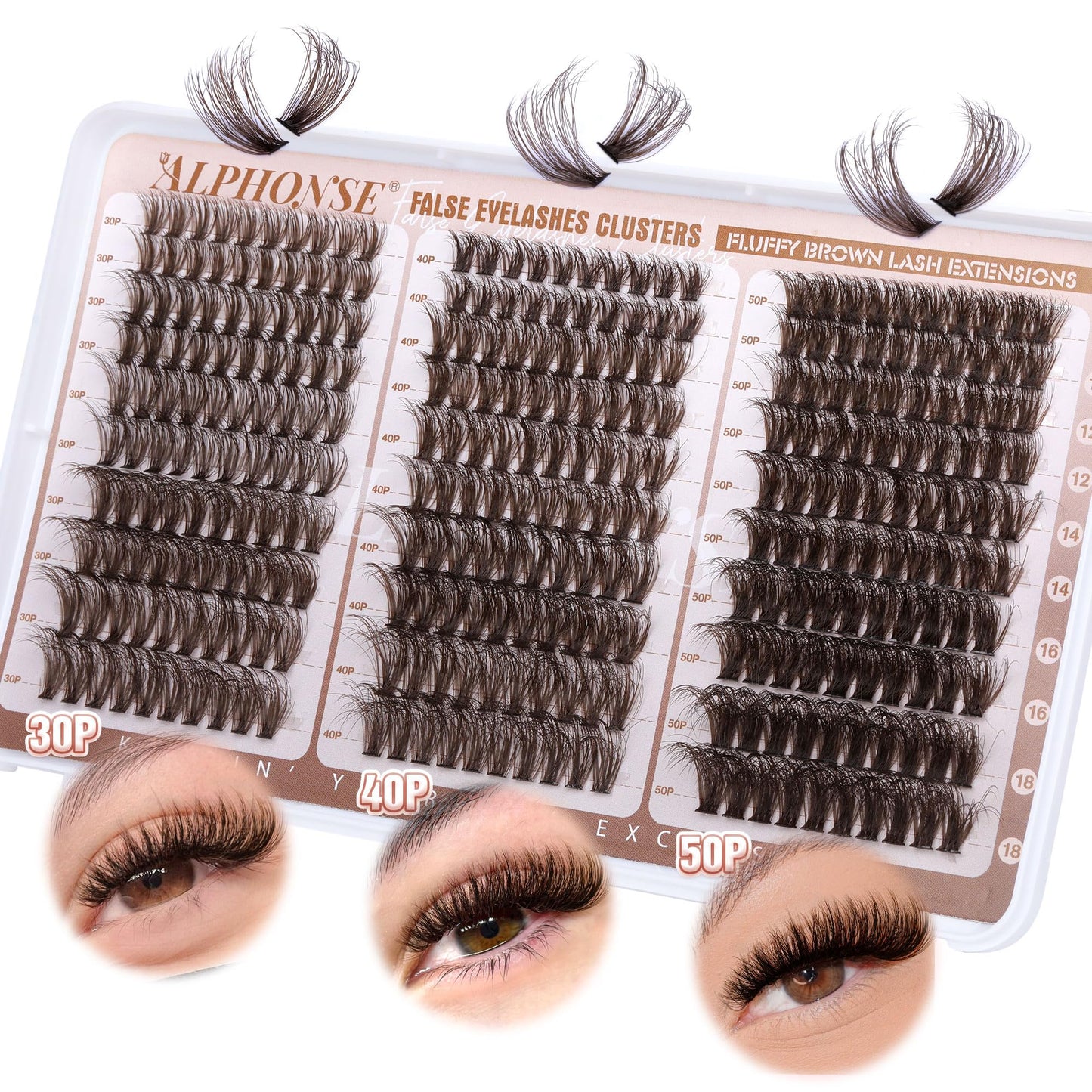 Brown Lash Clusters 30D+40D+50D Fluffier Lash Extensions 300pcs Brown Eyelash Clusters D-Curly Lashes Extensions 10-18mm Individuals by ALPHONSE