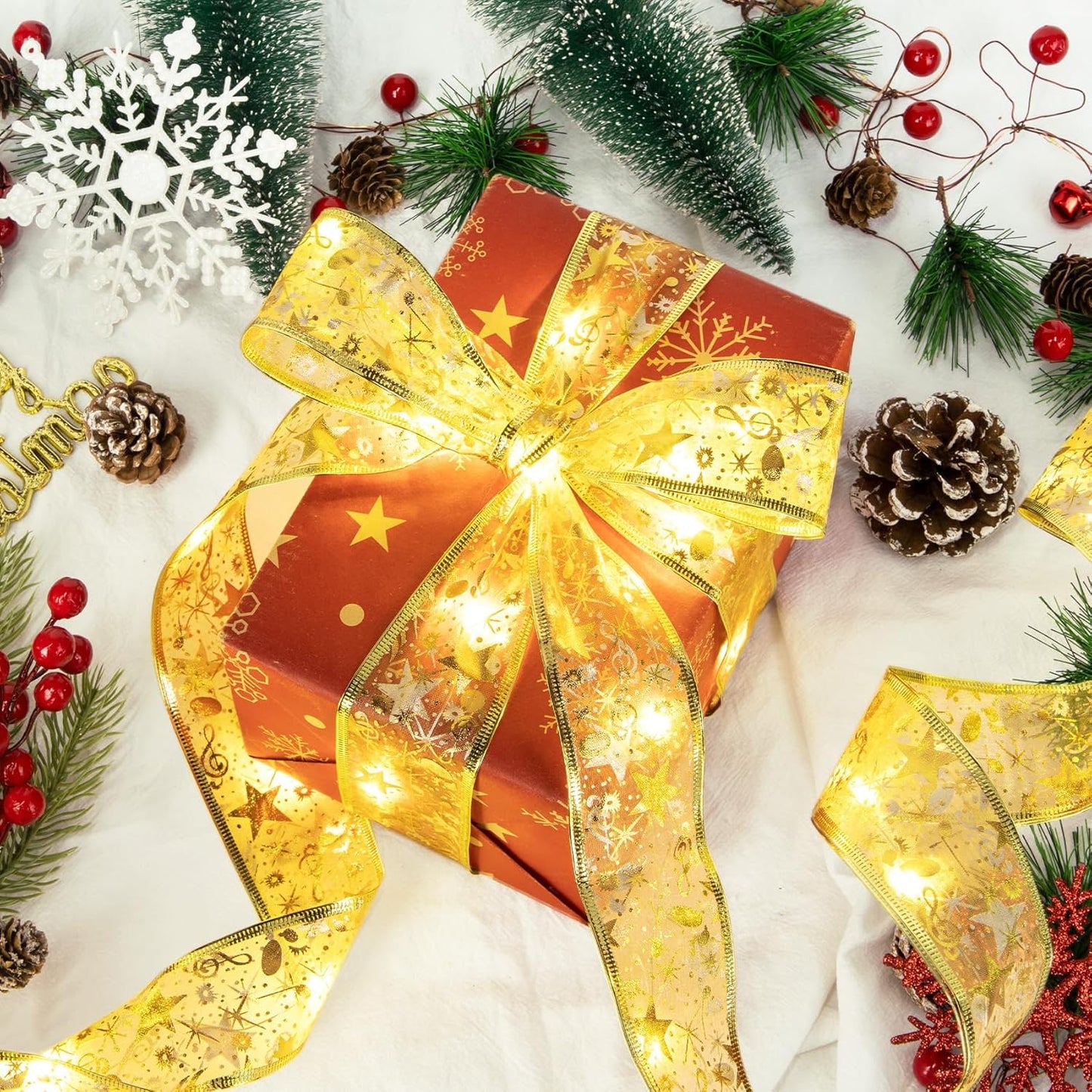 Ouddy_Life_32ft_Christmas_Ribbon_Fairy_Lights,_100_LED_Lights_Gold_Ribbon_for_Christmas_Tree_Wired_Double_Layer_Mesh,_Outdoor_Indoor_New_Year_Holiday_Christmas_Tree_Decorations_Wrapping_Xmas_Garland