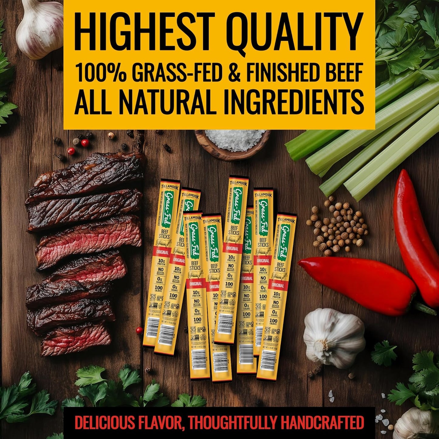 Tillamook_Country_Smoker_100%_Grass_Fed_Beef_Sticks,_Zero_Sugar,_Original,_1.15_Ounce_(Pack_of_8)_Whole_30_Approved,_Non_GMO_Clean_Meat_Snacks,_High_Protein,_Gluten_Free,_Individually_Wrapped