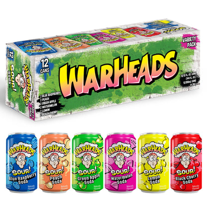 Sour Fruity Soda with Classic Warheads Flavors – Perfectly Balanced Sweet and Sour Soda - Warheads Candy Throwback Treat, Soda, Cocktail Mixer, Pack of 12, 12oz Cans (Variety Pack)