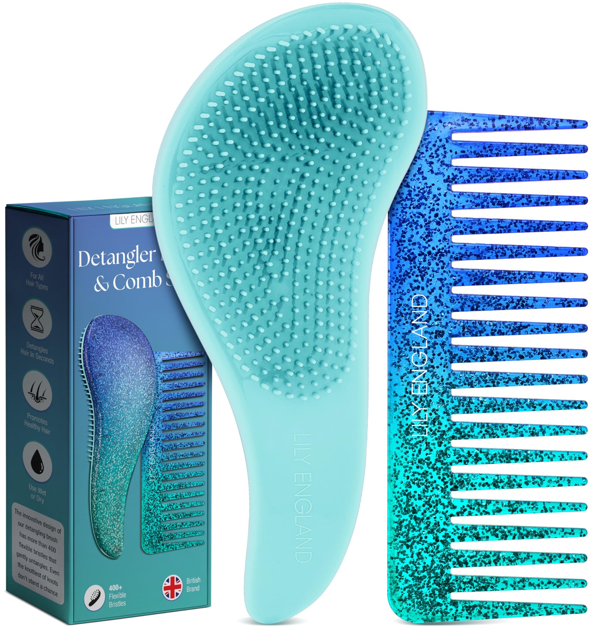 Lily England Detangler Brush &amp;amp; Comb Set - Lightweight Wide Tooth Detangling Tool for Women &amp;amp; Kids - Smooths Curly, Straight, Dry, Fine, &amp;amp; Thick Hair, Blue Glitter