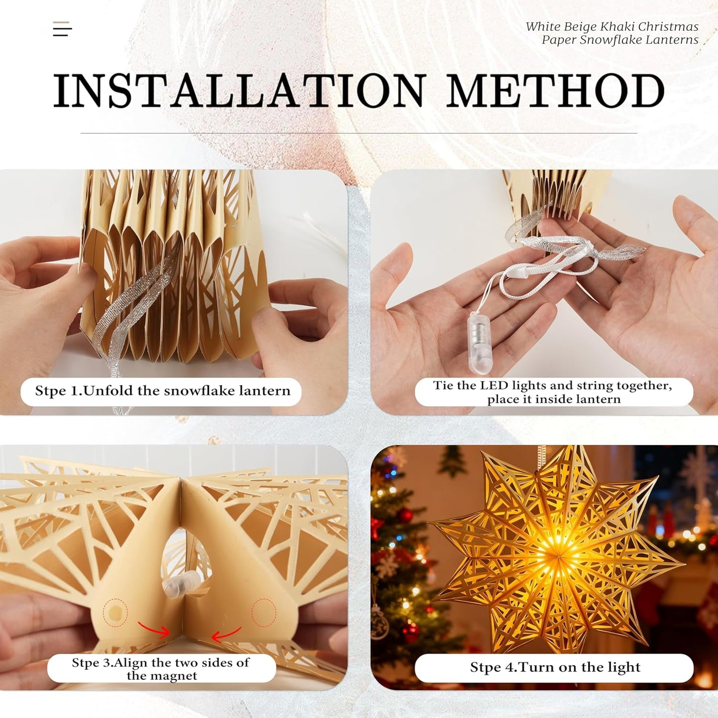 5Pcs_Christmas_Paper_Snowflake_Lanterns,_Large_Christmas_Paper_Star_Lanterns_with_LED_Lights_White_Beige_Khaki_Hanging_Snowflake_Lamps_for_Xmas_Winter_Frozen_Wedding_Birthday_Holiday_Party_Decorations