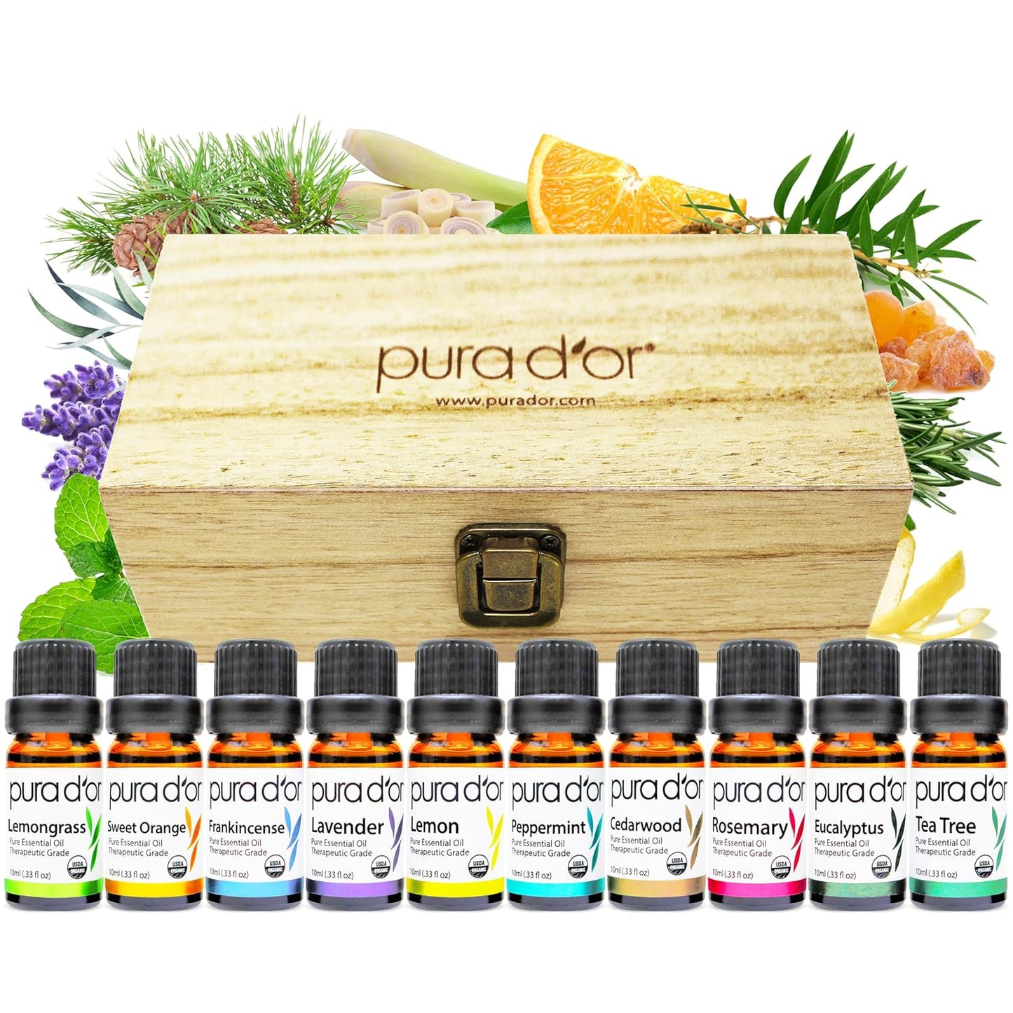PURA_D'OR_Organic_Perfect10_Essential_Oils_Set_-_10x_10mL_Wood_Box_Aromatherapy_Gift_Set_-_100%_Pure_Therapeutic_Grade_for_Relaxation_and_Wellness_(Lavender,_Peppermint,_Eucalyptus,_Tea_Tree_&_More)
