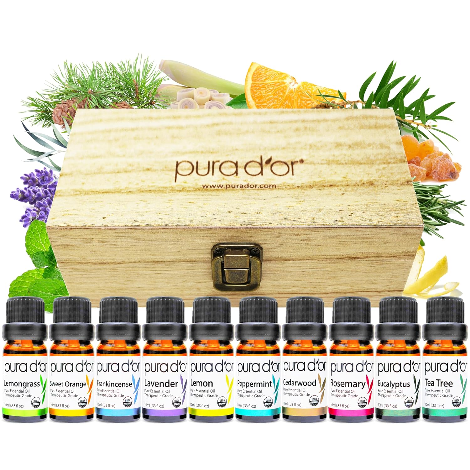 PURA_D'OR_Organic_Perfect10_Essential_Oils_Set_-_10x_10mL_Wood_Box_Aromatherapy_Gift_Set_-_100%_Pure_Therapeutic_Grade_for_Relaxation_and_Wellness_(Lavender,_Peppermint,_Eucalyptus,_Tea_Tree_&_More)