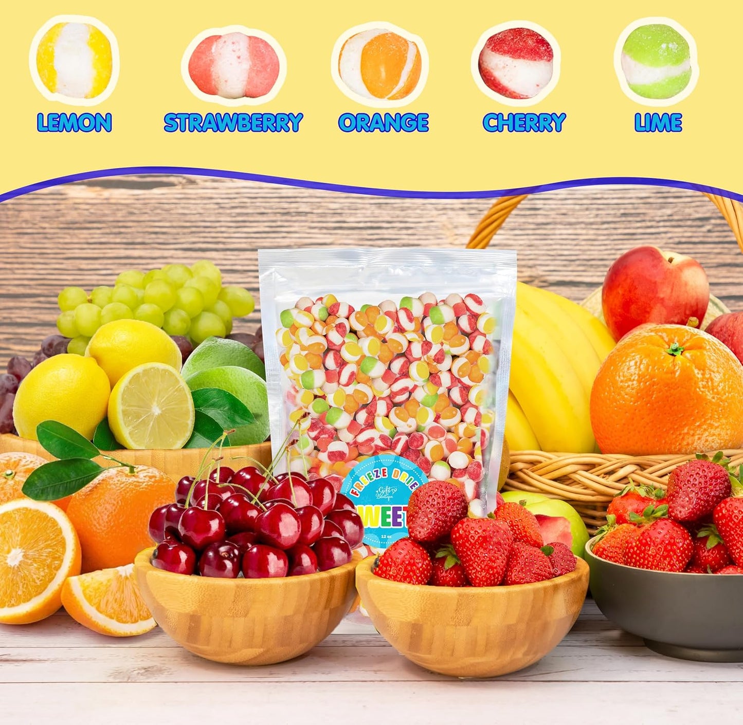 Freeze_Dried_Candy_Gourmet_Crunch_Candies_12oz_Bag_Pouch_Assorted_Cherry_Strawberry_Lemon_Lime_Orange_Original_Rainbow_Fruity_Flavor_Ideal_Gift_Snack