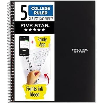 Five_Star_Spiral_Notebook_+_Study_App,_5_Subject,_College_Ruled_Paper,_Fights_Ink_Bleed,_Water_Resistant_Cover,_8-1/2"_x_11",_200_Sheets