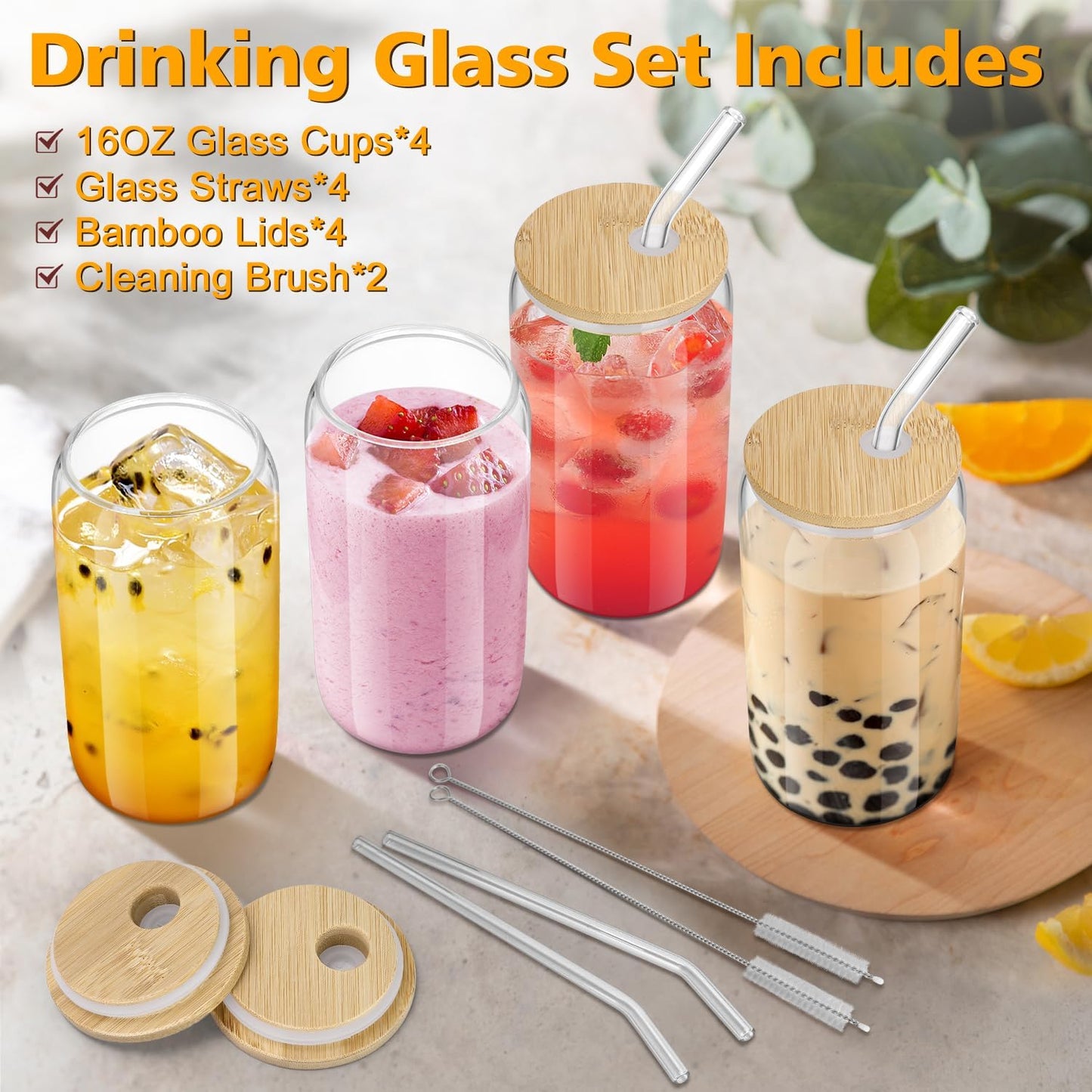 4PCS_Glass_Cups_with_Bamboo_Lids_and_Straws,_16OZ_Ice_Coffee_Cup,_Drinking_Cup_set_Wooden_Lids,_Home_Essential_Tumblers_for_Beer,_Cocktail,_Tea_Latte_Clear
