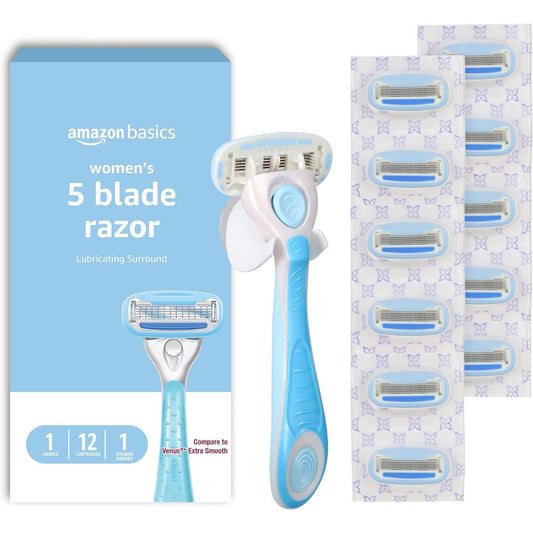 Basics_5-Blade_Razor_for_Women,_Handle,_12_Cartridges_&_Shower_Hanger_(Cartridges_fit_Basics_Razor_Handles_only)_14_Piece_Set,_Blue