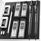 Nicpro 2 PCS Mechanical Pencil 0.5mm & 0.7 mm with Case, MP1000 Metal Artist Pencil Set with 4 Tubes HB Lead Refills, 2 Erasers, 9 Eraser Refills For Art Writing Drafting, Drawing, Sketch