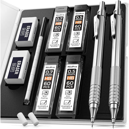 Nicpro_2_PCS_Mechanical_Pencil_0.5mm_&_0.7_mm_with_Case,_MP1000_Metal_Artist_Pencil_Set_with_4_Tubes_HB_Lead_Refills,_2_Erasers,_9_Eraser_Refills_For_Art_Writing_Drafting,_Drawing,_Sketch