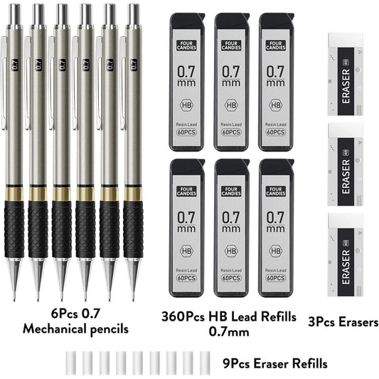 Four_Candies_Metal_Mechanical_Pencil_Set_-__Art_Mechanical_Pencils_&_360PCS_HB_Lead_Refills_&_3PCS_Erasers_&_9PCS_Eraser_Refills,_Drawing_Mechanical_Pencils_for_Writing,_Sketching/With_Case