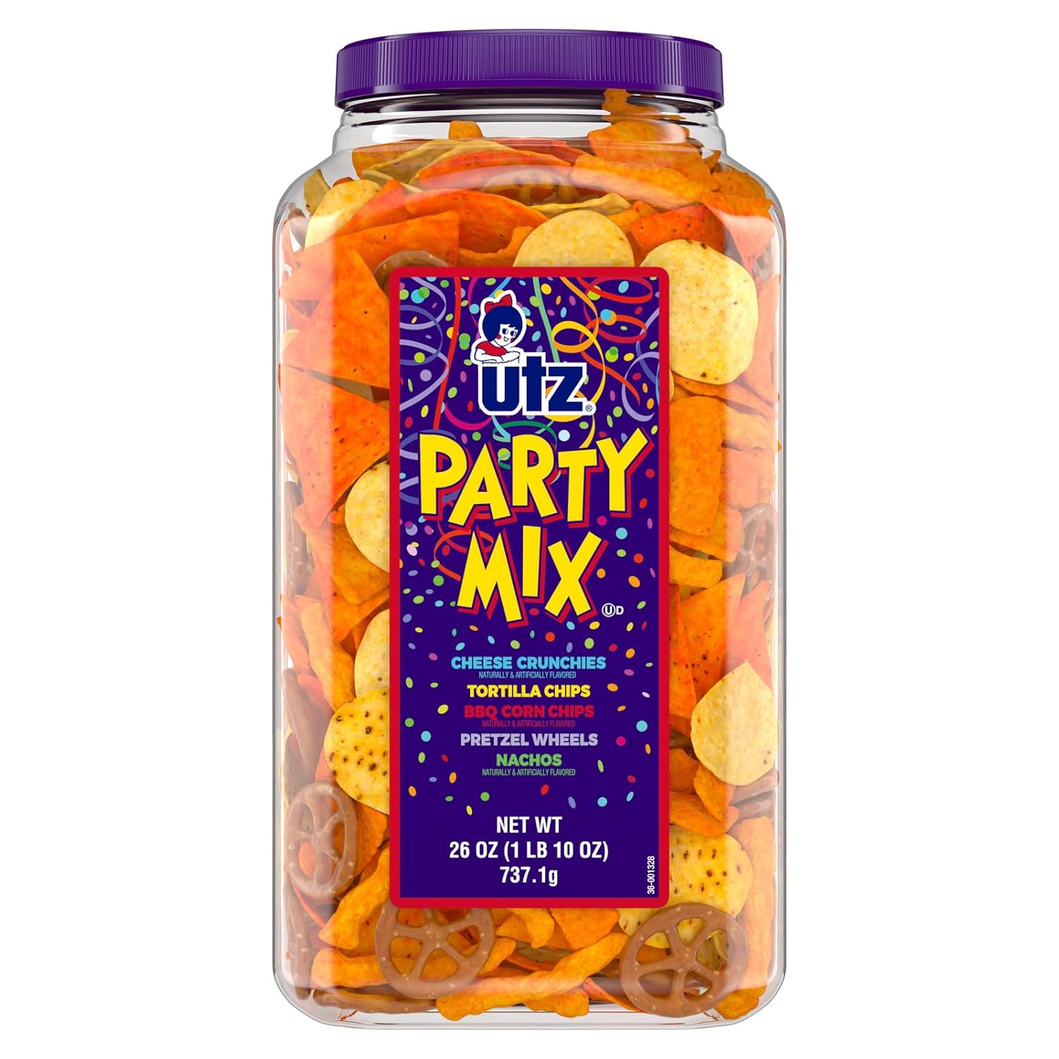 Utz_Party_Mix_-_26_Ounce_Barrel_Tasty_Snack_Includes_Corn/Nacho_Tortillas,_Pretzels,_BBQ_Corn_Chips_and_Cheese_Curls,_Easy_Quick_Snacks,_Cholesterol_Free_Trans-Fat