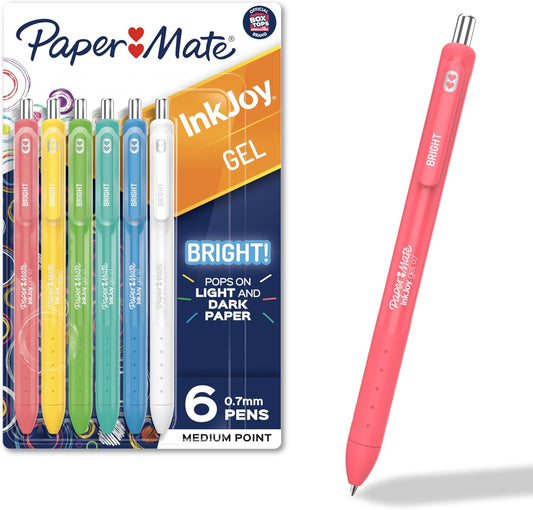 Paper_Mate_InkJoy_Bright_Gel_Pens_Medium_Point_(0.7mm)_Retractable_Assorted_Opaque_Ink_6-Pack_Comfortable_Grip_Vivid_Colors