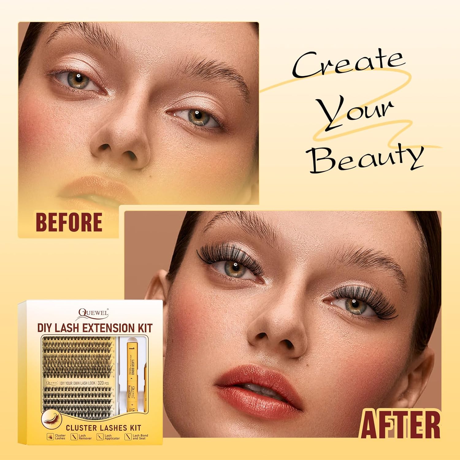 QUEWEL_DIY_Lash_Extension_Kit,_320_Pcs_Lash_Clusters_Kit_with_Lash_Bond_and_Seal_Cluster_Lashes_Glue_Remover_Eyelash_Clusters_Applicator_Tool_for_Natural_Look_DIY_At_Home(ZS-30D+40D-kit)_Makeup_Eyelashes_Extensions_Eyelash_Extension_Cosmetic