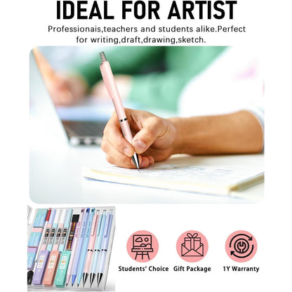 Nicpro_22PCS_Pastel_Mechanical_Pencils_Set_in_Case,_Art_Cute_Drafting_Pencil_0.5,_0.7,_0.9_mm,_2mm_Lead_Pencil_Holders_for_Sketching_Drawing_With_11_Tube_(4B_2B_HB_2H_Colors)_Lead_Refills,_3_Erasers