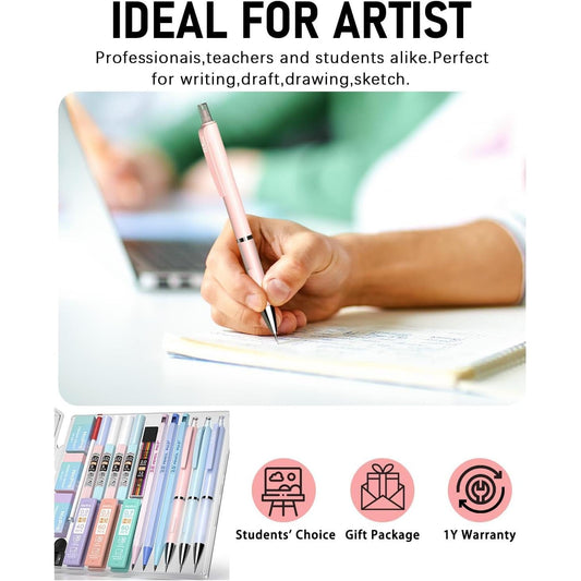 Nicpro_22PCS_Pastel_Mechanical_Pencils_Set_in_Case,_Art_Cute_Drafting_Pencil_0.5,_0.7,_0.9_mm,_2mm_Lead_Pencil_Holders_for_Sketching_Drawing_With_11_Tube_(4B_2B_HB_2H_Colors)_Lead_Refills,_3_Erasers
