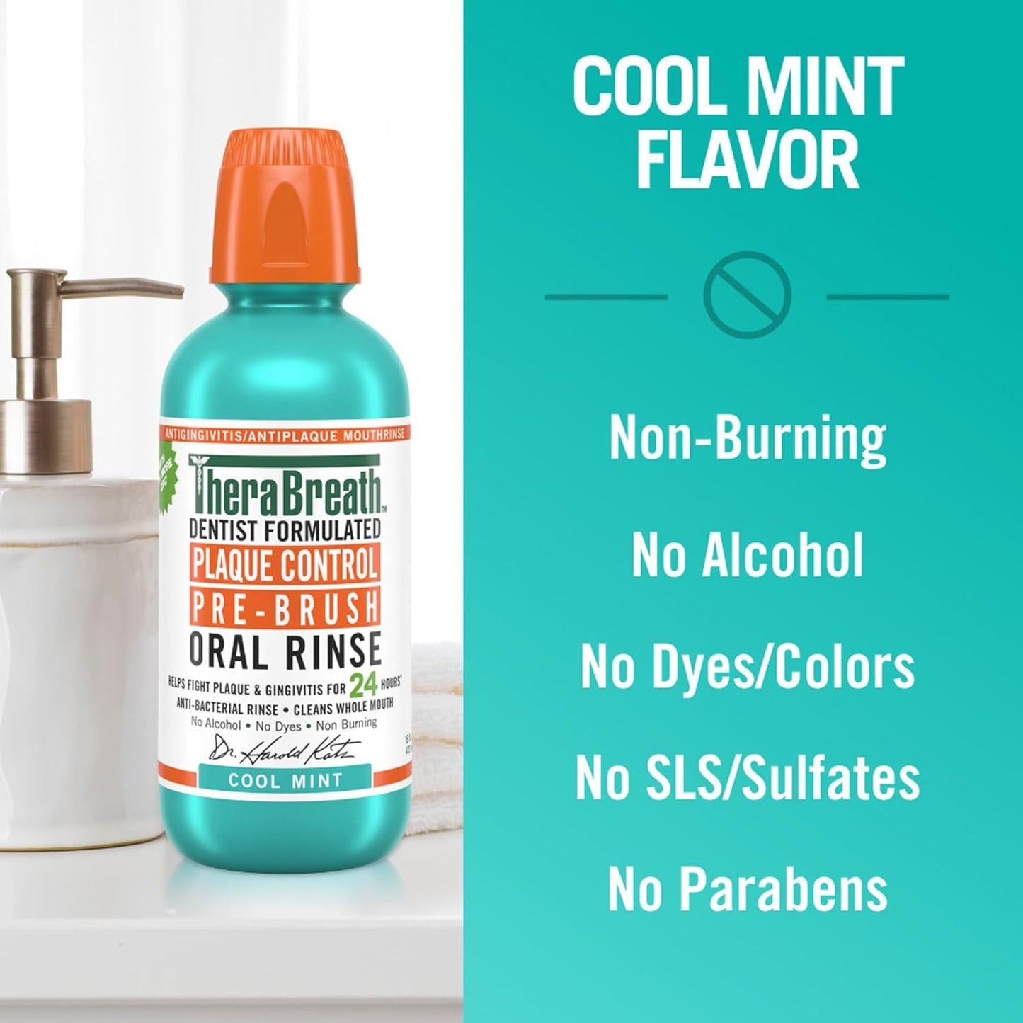 TheraBreath_Plaque_Control_Mouthwash,_Cool_Mint,_Pre-Brush_Rinse,_16_Fl_Oz_Oral_Antibacterial_Gentle_Pack_Sensitive_Vegan