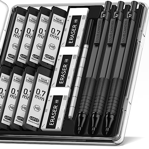 FourCandies_25PCS_Art_Mechanical_Pencil_Set_with_Case,_3PCS_Metal_Artist_Lead_Pencil_0.5,_0.7,_0.9_mm_&_3PCS_2mm_Lead_Holder(HB_2H_2B_4B_Color)_with_432PCS_Graphite_Lead_Refills_for_Drawing_Sketching