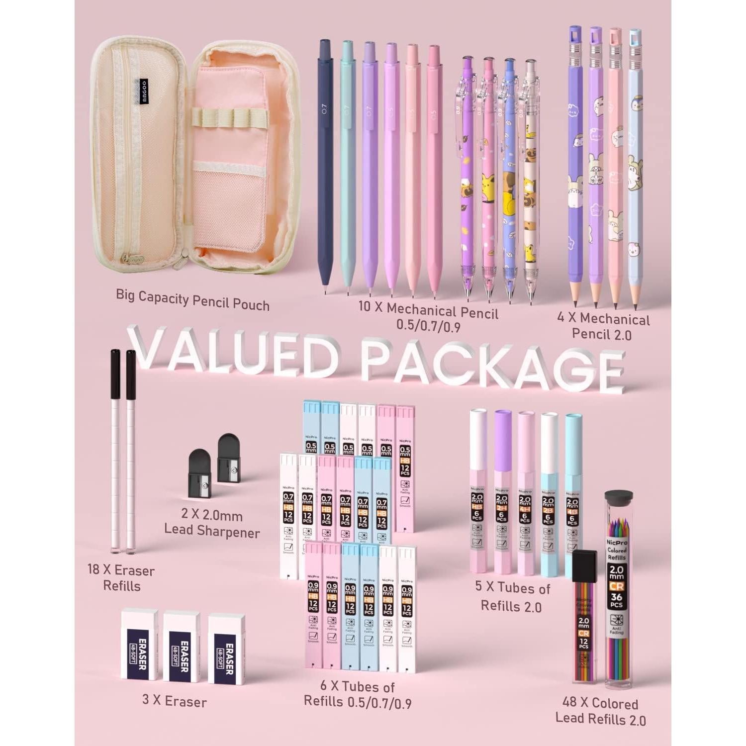 Nicpro_47PCS_Aesthetic_School_Supplies_in_Big_Capacity_Pen_Case,_Cute_Pastel_Mechanical_Pencils_0.5,_0.7,_0.9_&_2mm_Lead_Holder_with_25_Tube_Lead_Refills_4B_2B_HB_2H_Color,_Erasers_for_Student_Writing