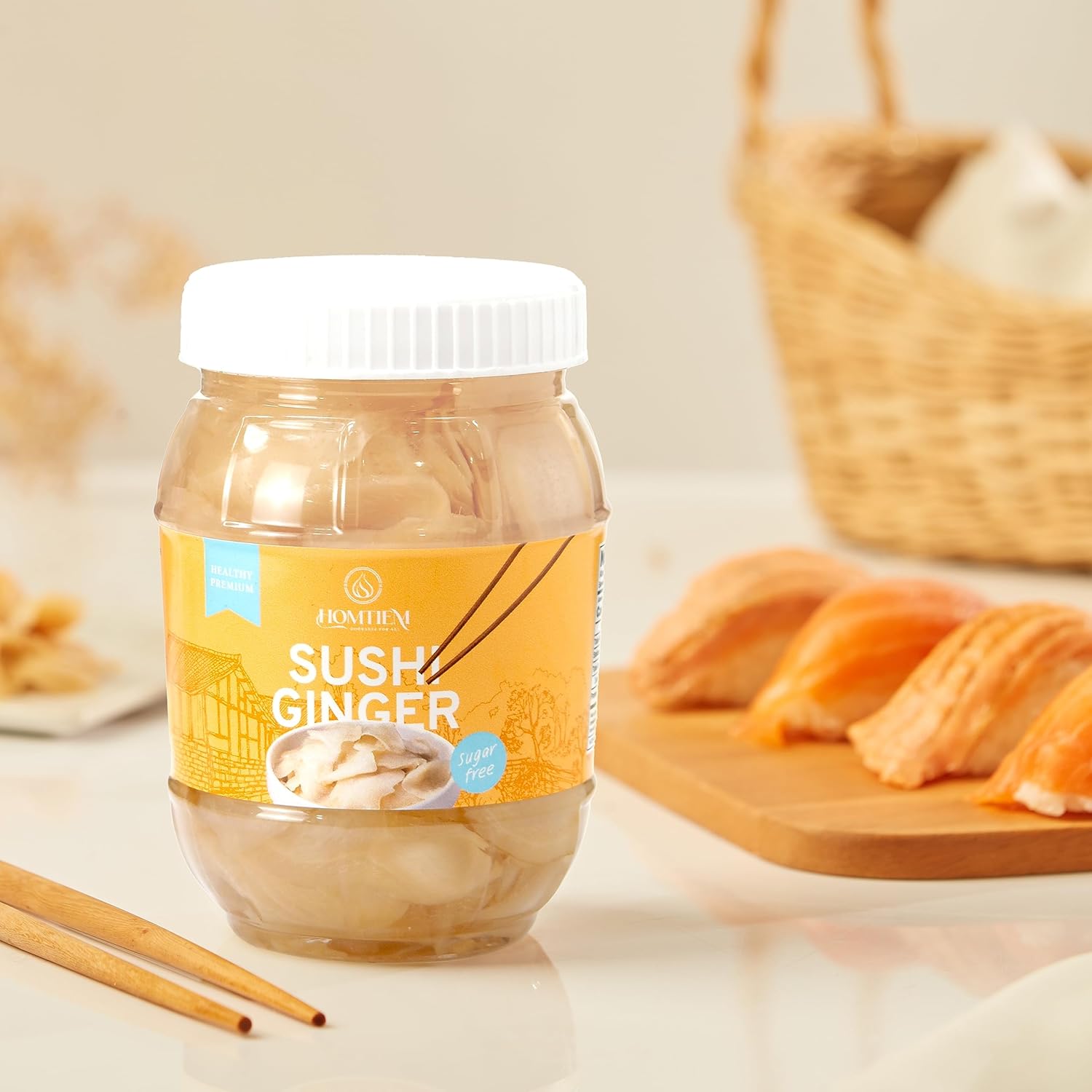 Homtiem_Pickled_Sushi_Ginger_(12_OZ)(1_Jar)_Japanese_White_Young_Gari_Ginger,_Sweeteners_from_Stevia,_Healthy_and_Natural,_No_Coloring,_Fat_Free,_Sugar_MSG,_Perfect_for_Rice