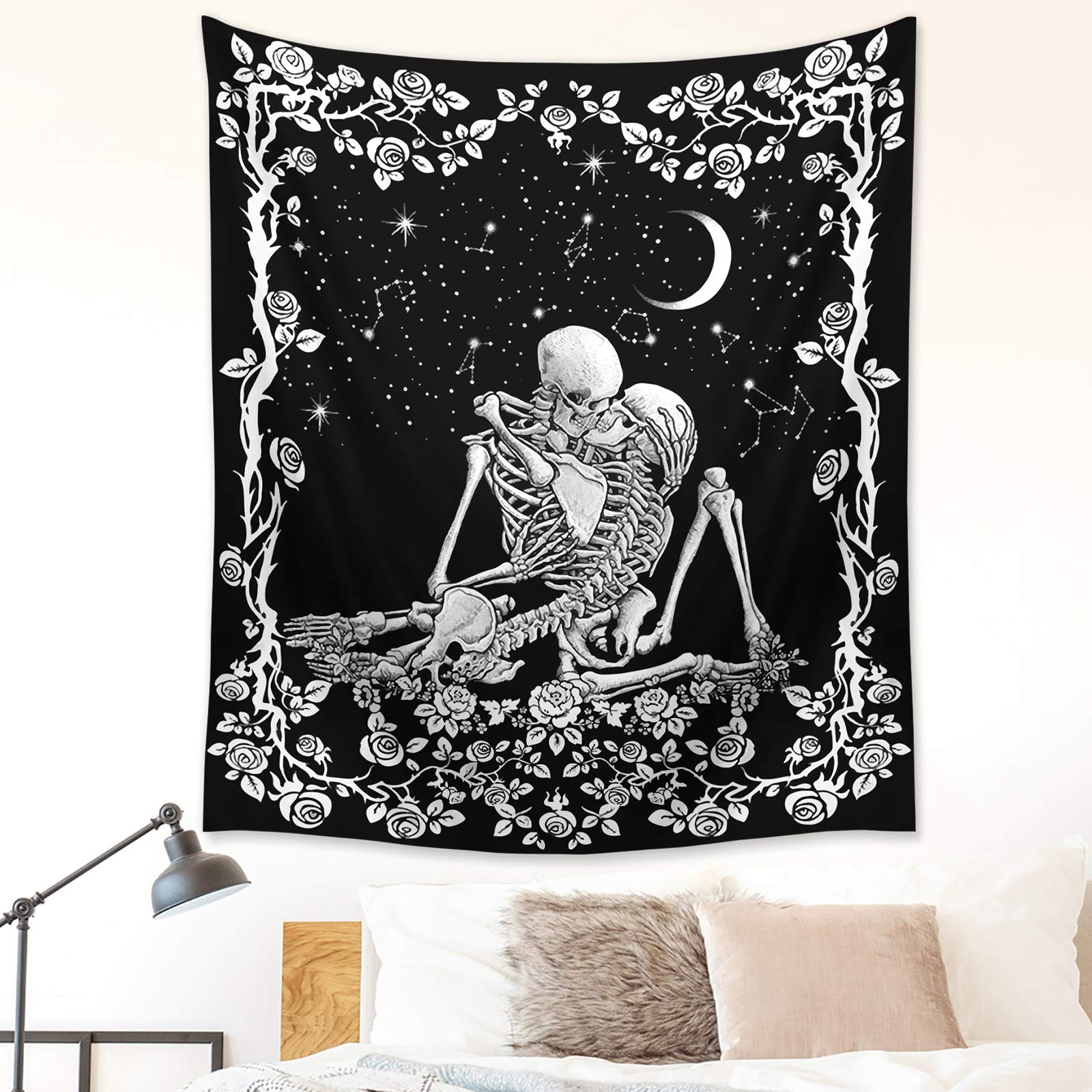 Wonrizon_The_Kissing_Lovers_Skull_Tapestry,Black_and_White_Romantic_Constellation_Skeleton_Tapestries_Wall_Hanging_decor_for_Living_Room_Bedroom_(30”x_40”)