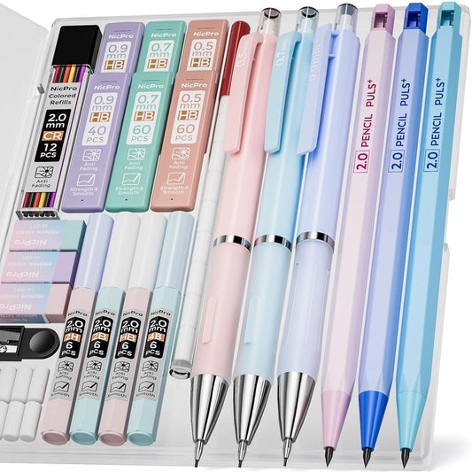 Nicpro_22PCS_Pastel_Mechanical_Pencils_Set_in_Case,_Art_Cute_Drafting_Pencil_0.5,_0.7,_0.9_mm,_2mm_Lead_Pencil_Holders_for_Sketching_Drawing_With_11_Tube_(4B_2B_HB_2H_Colors)_Lead_Refills,_3_Erasers